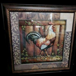 Home Interiors 2005 Framed 3D Rooster Print 16.5"SQ. Kitchy Cottage Wall Decor